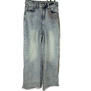 Blue B High-Waisted Light Wash Fringe Embellished Jeans With Raw Hem Size L